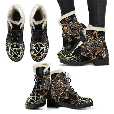 Celtic pentagram wicca Faux Fur Leather Boots MoonChildWorld Women's Faux Fur Leather Boots - Black - Celtic pentagram US5 (EU35)