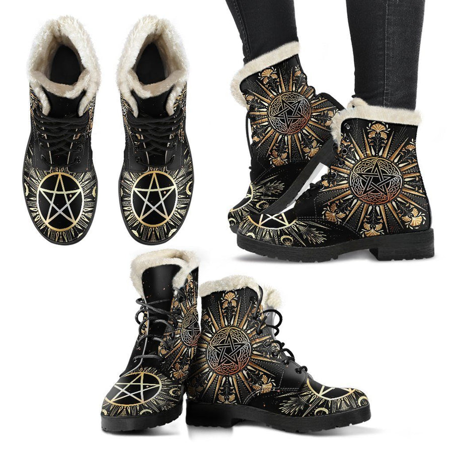 Celtic pentagram wicca Faux Fur Leather Boots MoonChildWorld 