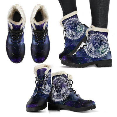 Occult cat wicca Faux Fur Leather Boots Shoes MoonChildWorld Women's Faux Fur Leather Boots - Black - Occult cat US5 (EU35)