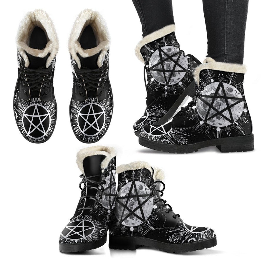 Pentagram moon wicca Faux Fur Leather Boots Shoes MoonChildWorld 