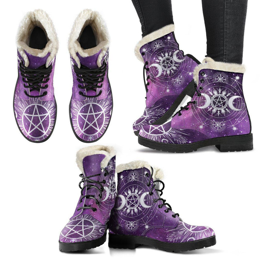Triple moon pentagram wicca Faux Fur Leather Boots Shoes MoonChildWorld 