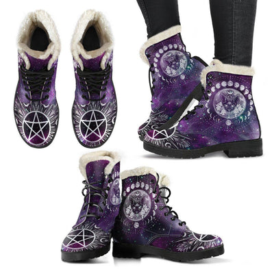 Moon phases cat wicca Faux Fur Leather Boots Shoes MoonChildWorld Women's Faux Fur Leather Boots - Black - Moon phases cat US5.5 (EU36)