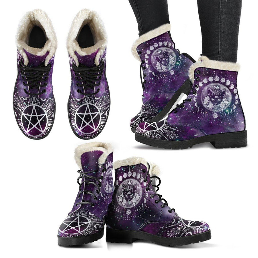 Moon phases cat wicca Faux Fur Leather Boots Shoes MoonChildWorld 