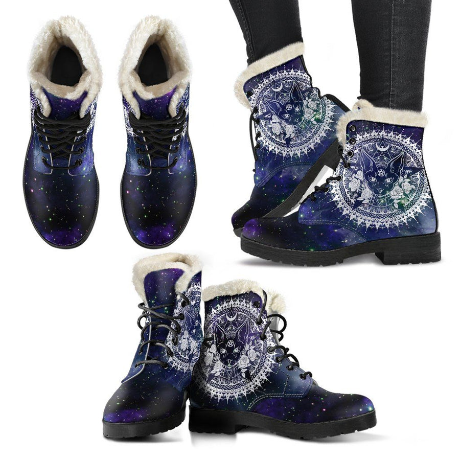 Occult cat wicca Faux Fur Leather Boots Shoes MoonChildWorld 