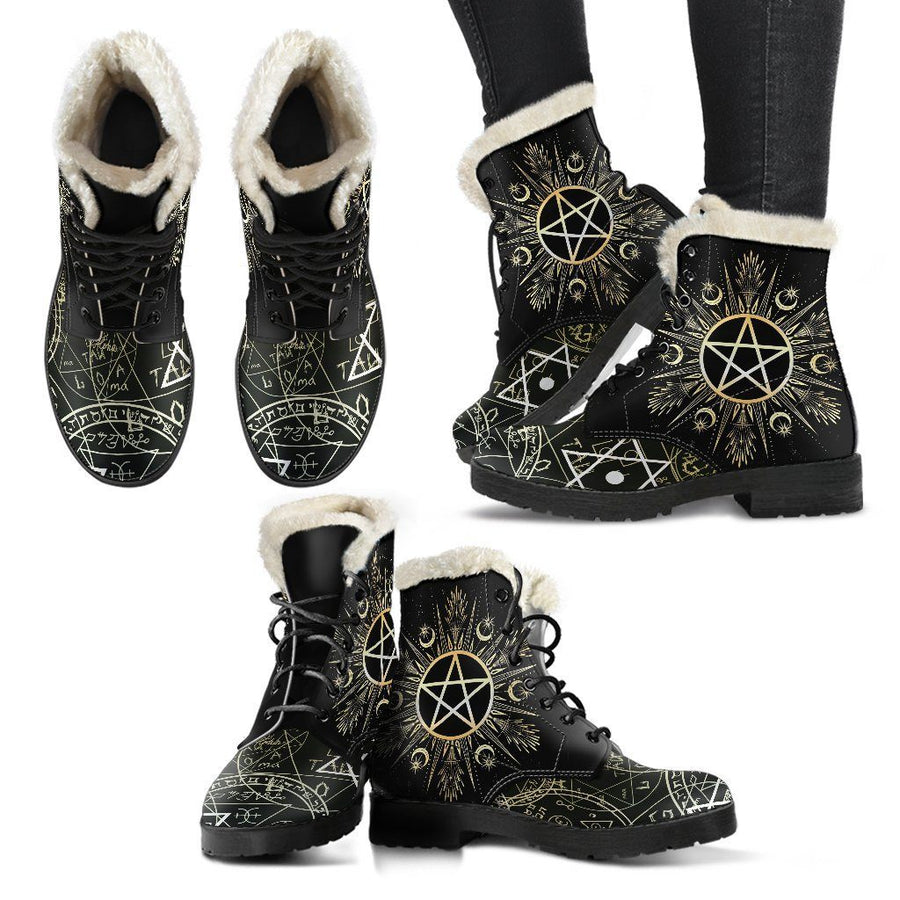 Pentacle wicca Faux Fur Leather Boots Shoes MoonChildWorld 