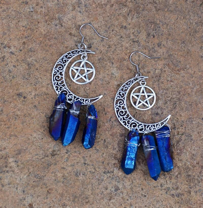 Crescent Moon Pentagram Crystal Quartz Wicca Earrings Earrings MoonChildWorld