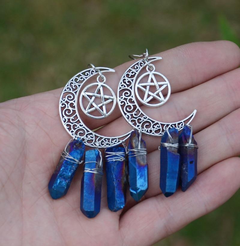 Crescent Moon Pentagram Crystal Quartz Wicca Earrings Earrings MoonChildWorld 