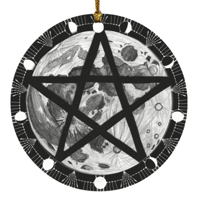 Moon Phases Black Pentagram Circle Ornament Housewares CustomCat White One Size