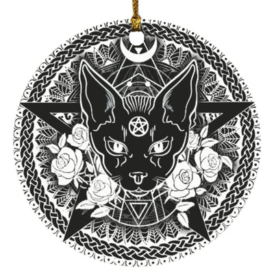 Floral Occult Black Cat Magical Circle Ornament Housewares CustomCat White One Size