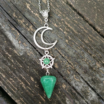 Moon Pentagram Crystal Quartz Wicca Necklace Necklace MoonChildWorld Green