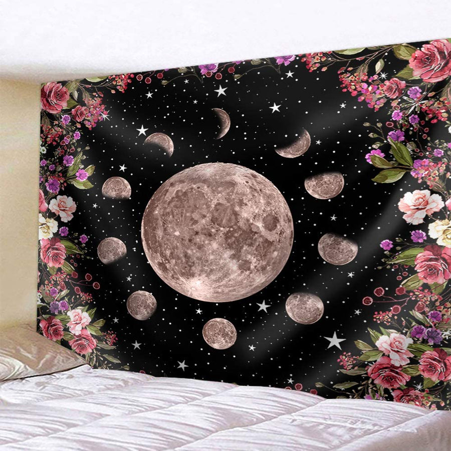 Moon Phases Flowers Starry Night Tapestry Tapestry MoonChildWorld 