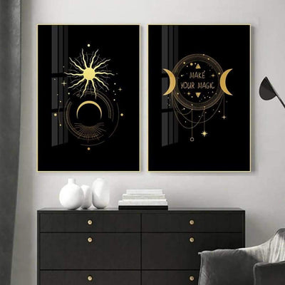 Wicca Black Gold Sun Moon Star Canvas Poster Canvas MoonChildWorld