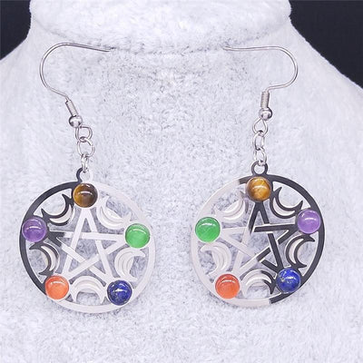 Wicca Pentagram Moon Natural Stone Earrings Earrings MoonChildWorld