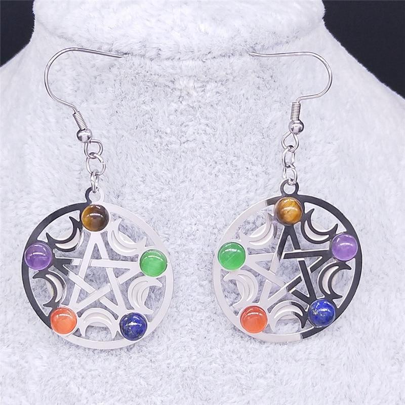 Wicca Pentagram Moon Natural Stone Earrings Earrings MoonChildWorld 