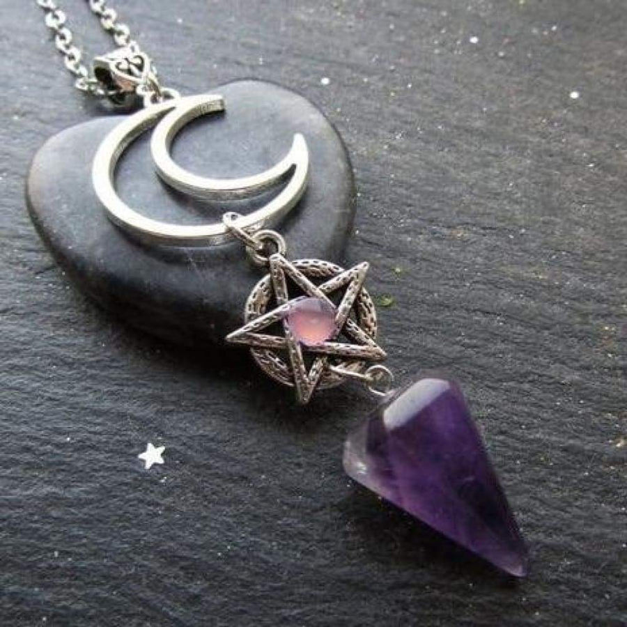 Moon Pentagram Crystal Quartz Wicca Necklace Necklace MoonChildWorld 