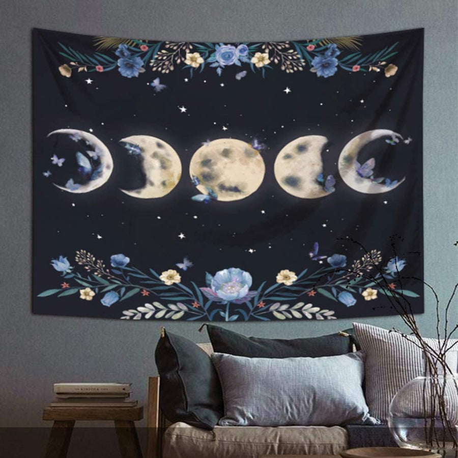 Moon Phases Floral Butterflies Tapestry Tapestry MoonChildWorld 
