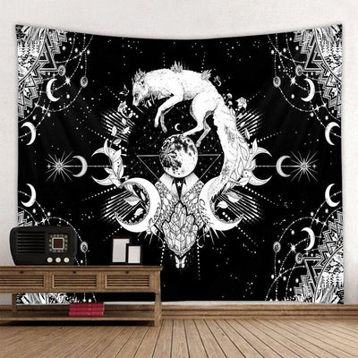 White Black Sun Moon Mandala Tapestry Tapestry MoonChildWorld Fox 150x150cm