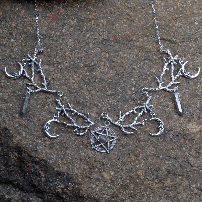 Witch Crescent Moon Pentagram Natural Stone Necklace Necklace MoonChildWorld 
