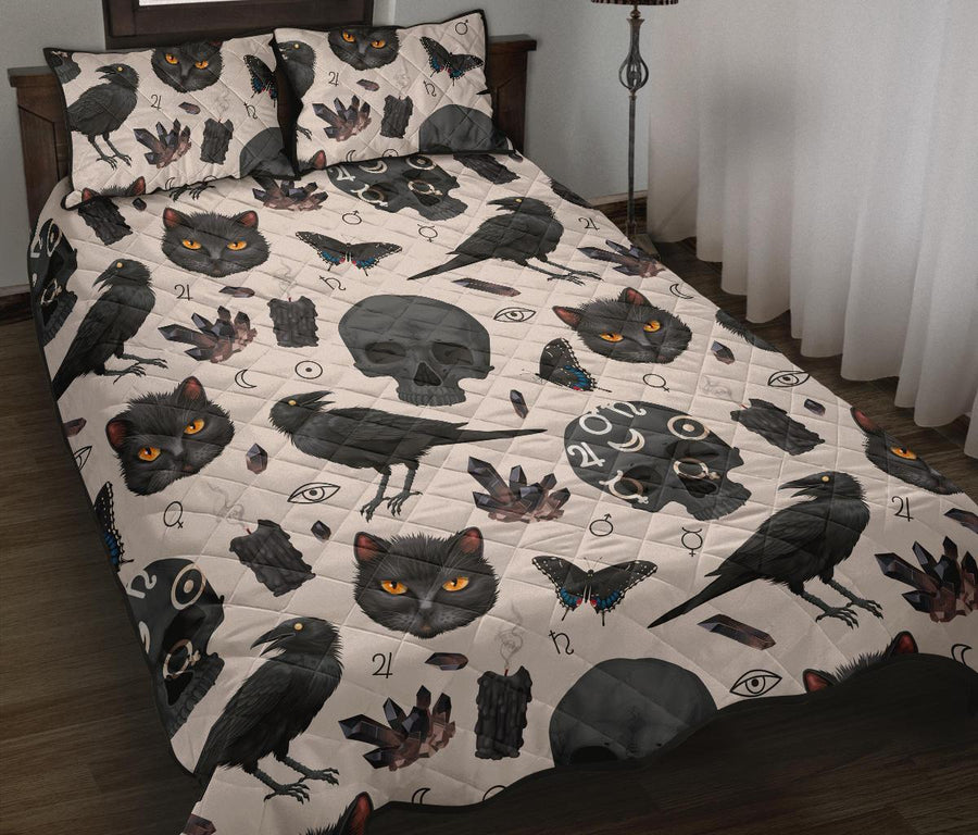 Gothic skull raven cat witch Quilt Bed Set