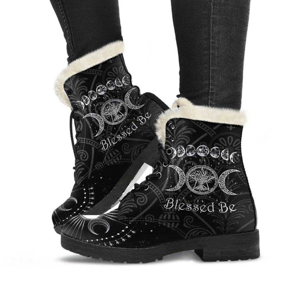 Blessed be wicca Faux Fur Leather Boots Shoes MoonChildWorld 