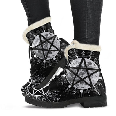 Pentagram moon wicca Faux Fur Leather Boots Shoes MoonChildWorld