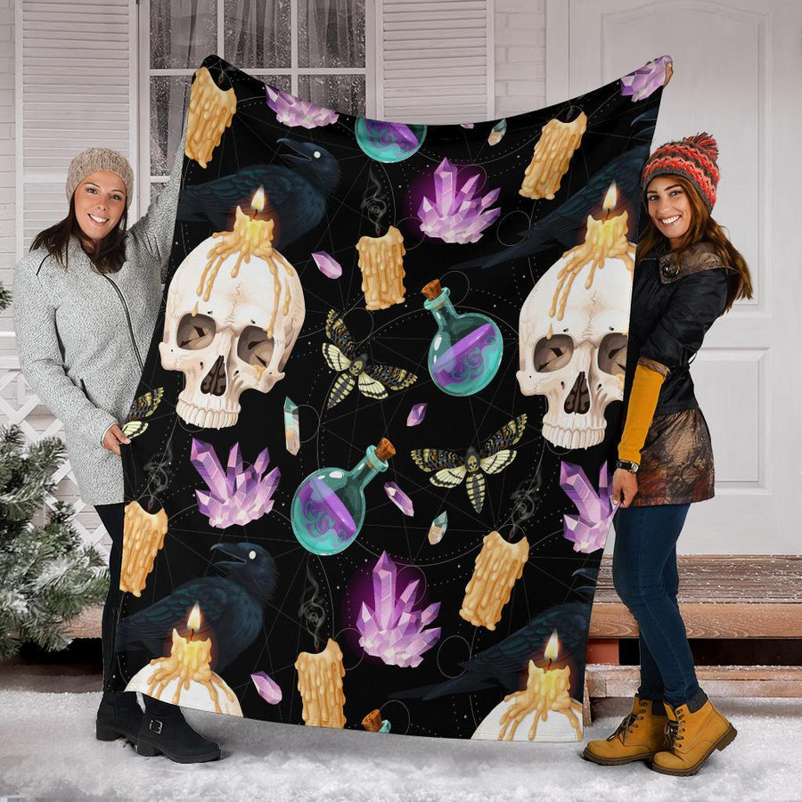 Gothic skull raven witch Premium Blanket